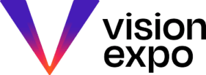 Logo featuring a large stylized V in purple and orange gradient, next to the words vision expo in bold black lowercase letters on a transparent background.