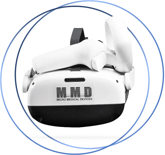 A white and black virtual reality headset labeled Micro Medical Devices with the abbreviation MMD on the front, framed by a blue circular graphic.