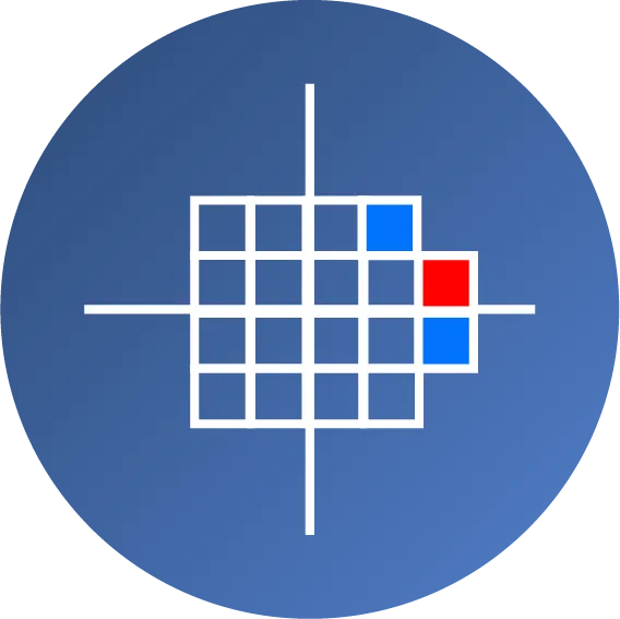 A blue background with a white grid, resembling a 5x5 square, intersected by vertical and horizontal white lines. Two blue squares and one red square appear in the top right section of the grid.