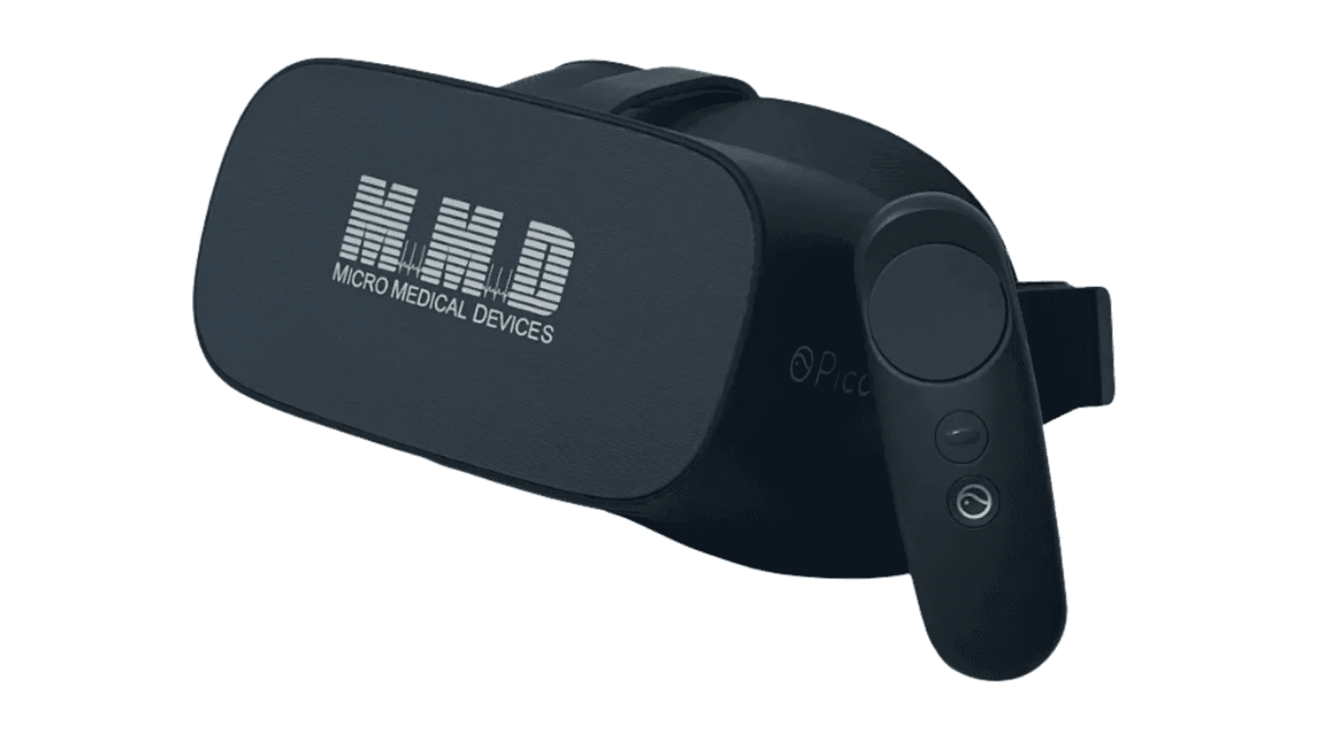 A black virtual reality headset labeled “MICRO MEDICAL DEVICES” with a matching black handheld controller shown against a white background.