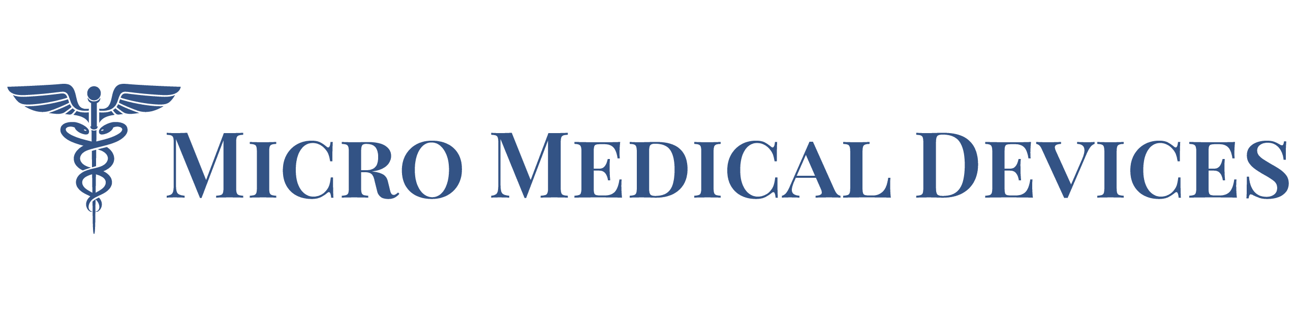 Logo for Micro Medical Devices featuring a blue caduceus symbol to the left of the company name in blue uppercase serif font.