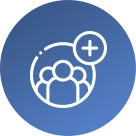 White icon of three people with a plus sign on a blue circular background, symbolizing adding users or members to a group.