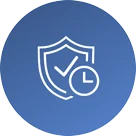 A white outline of a shield with a checkmark and a clock inside it, shown on a blue circular background, symbolizing security and reliability over time.