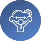 White icon of a person in a tie holding up a cloud with a gear and a double-headed arrow inside, on a blue circular background.